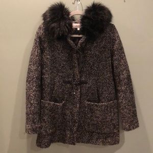Calvin Klein tweed duffle coat with faux fur hood